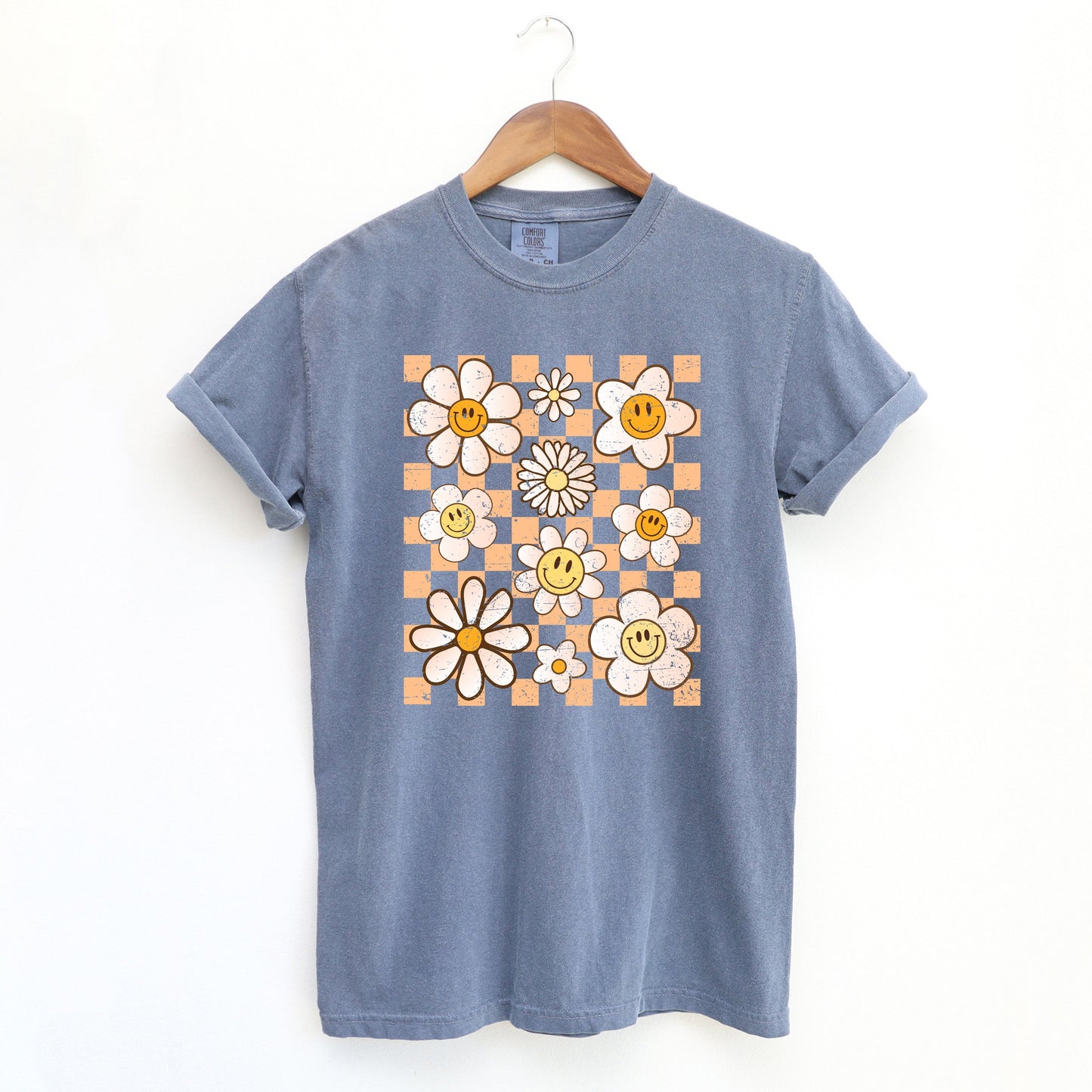 Checkered Smiley Face Flowers | Garment Dyed Short Sleeve Tee