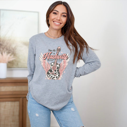 Take Me To Nashville Winged Guitar | Long Sleeve Crew Neck