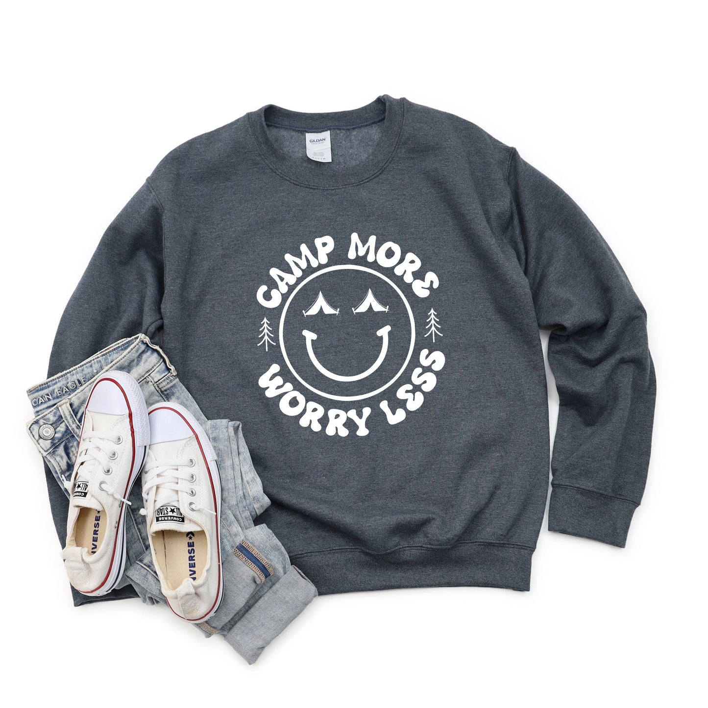 Camp More Worry Less Smiley Face | Sweatshirt