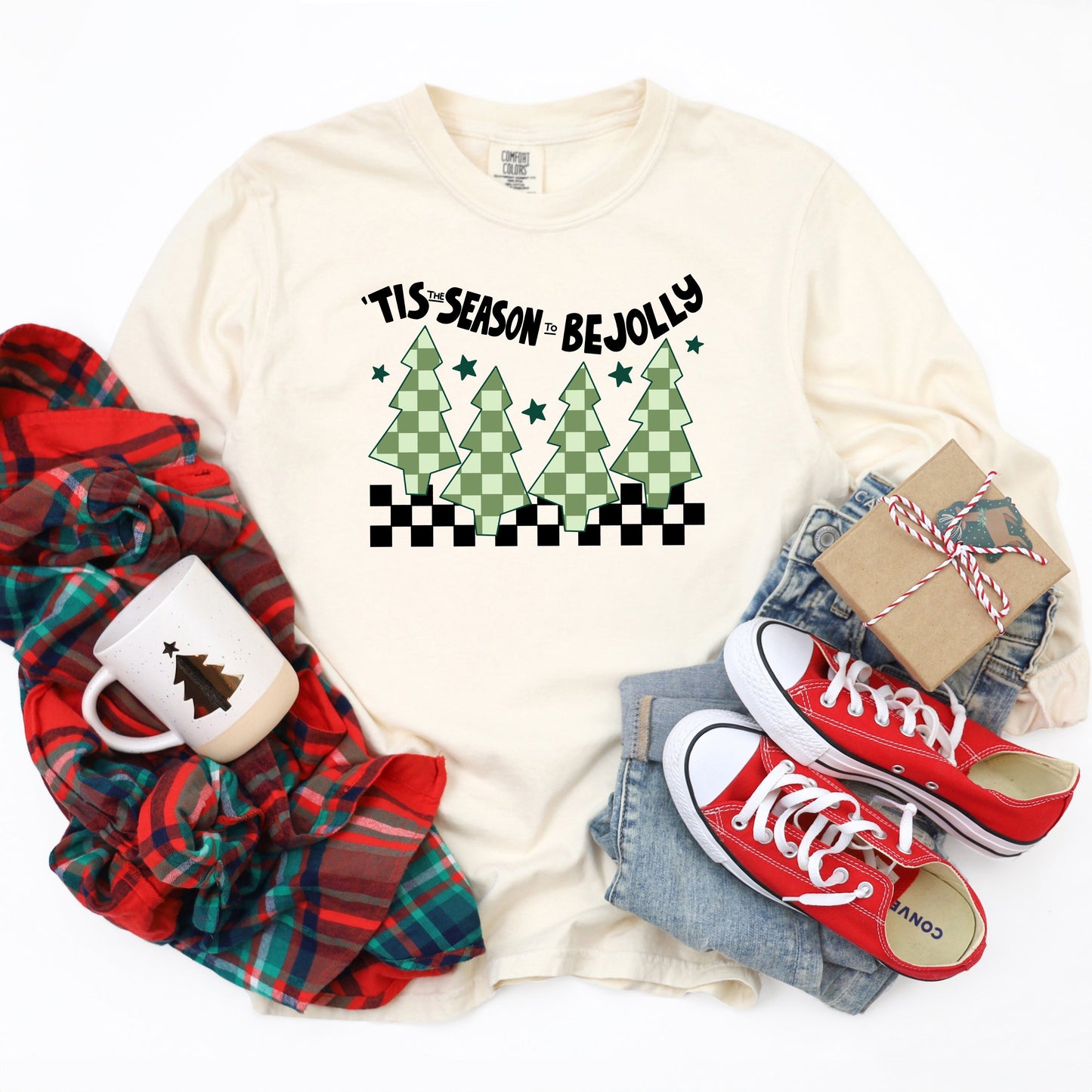 Be Jolly Checkered Tree | Garment Dyed Long Sleeve