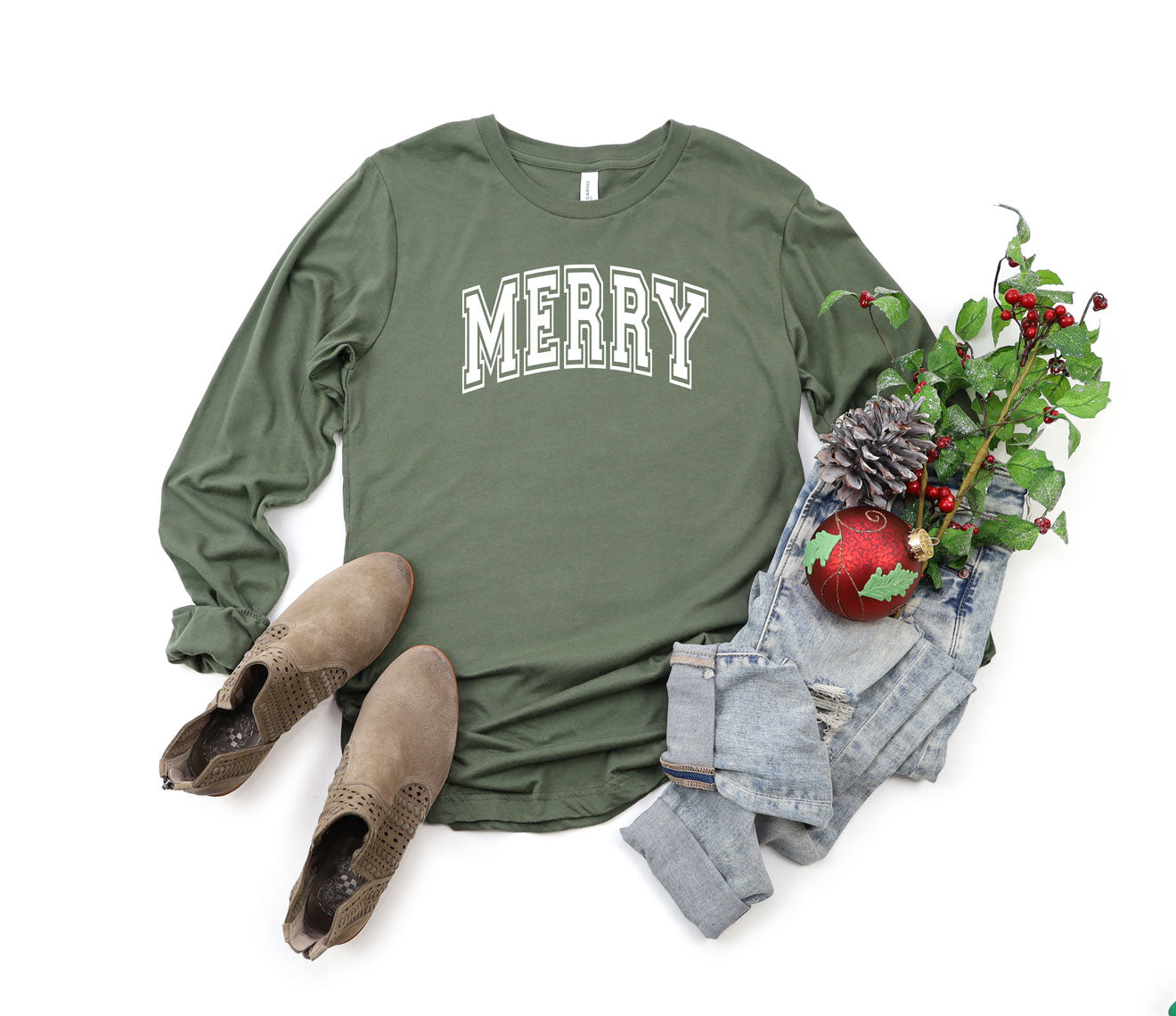Merry Varsity Thick Outline | Long Sleeve Graphic Tee | Christmas
