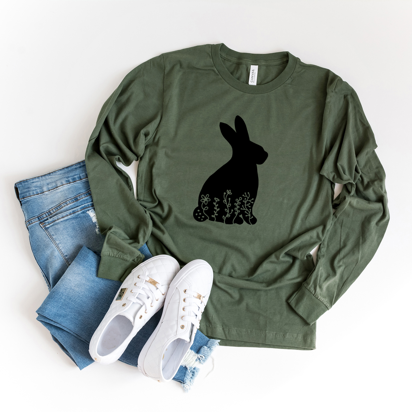 Bunny With Flowers | Long Sleeve Crew Neck