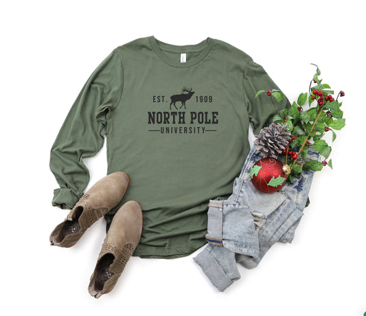 North Pole University With Reindeer | Long Sleeve Crew Neck