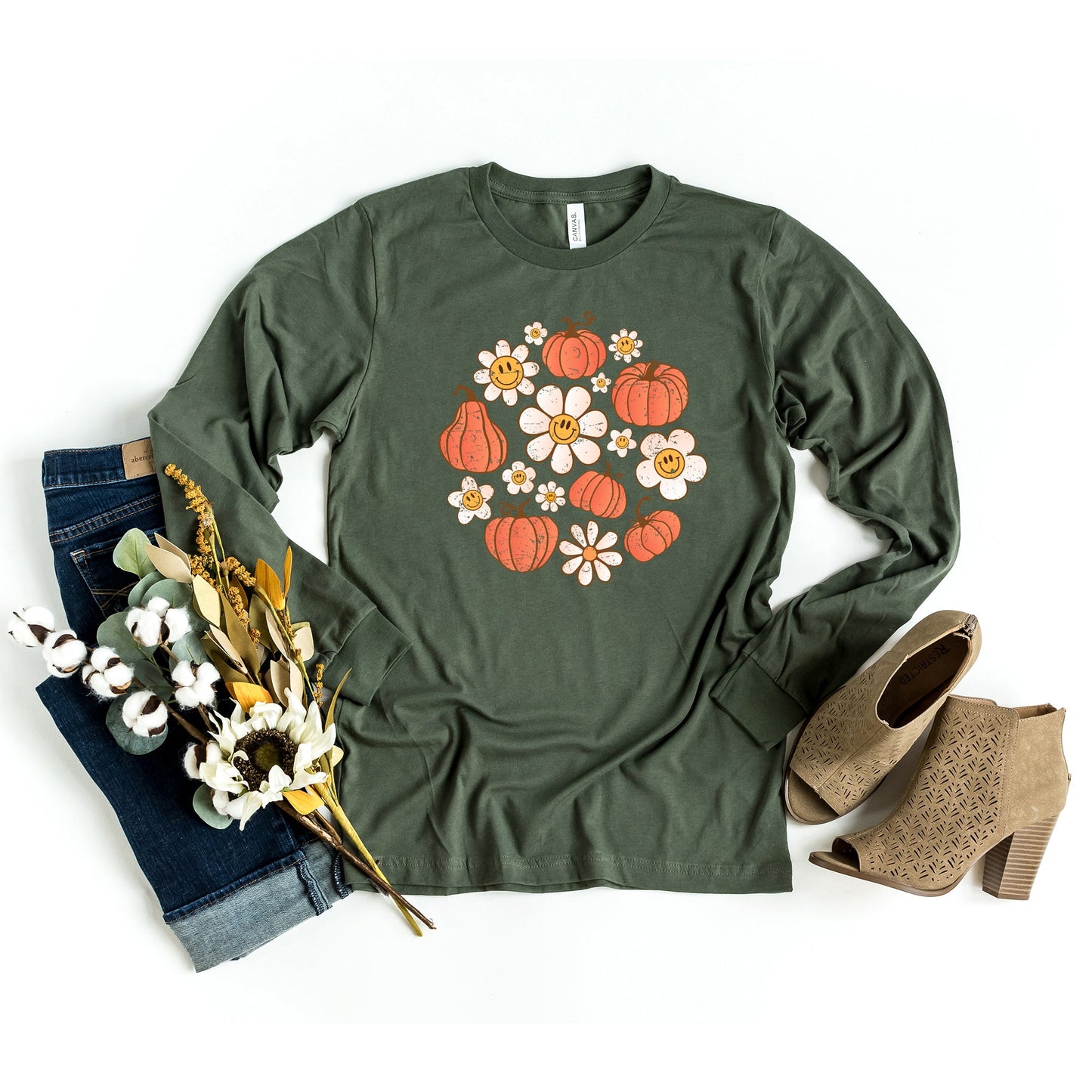 Circle Pumpkin Flowers | Long Sleeve Crew Neck