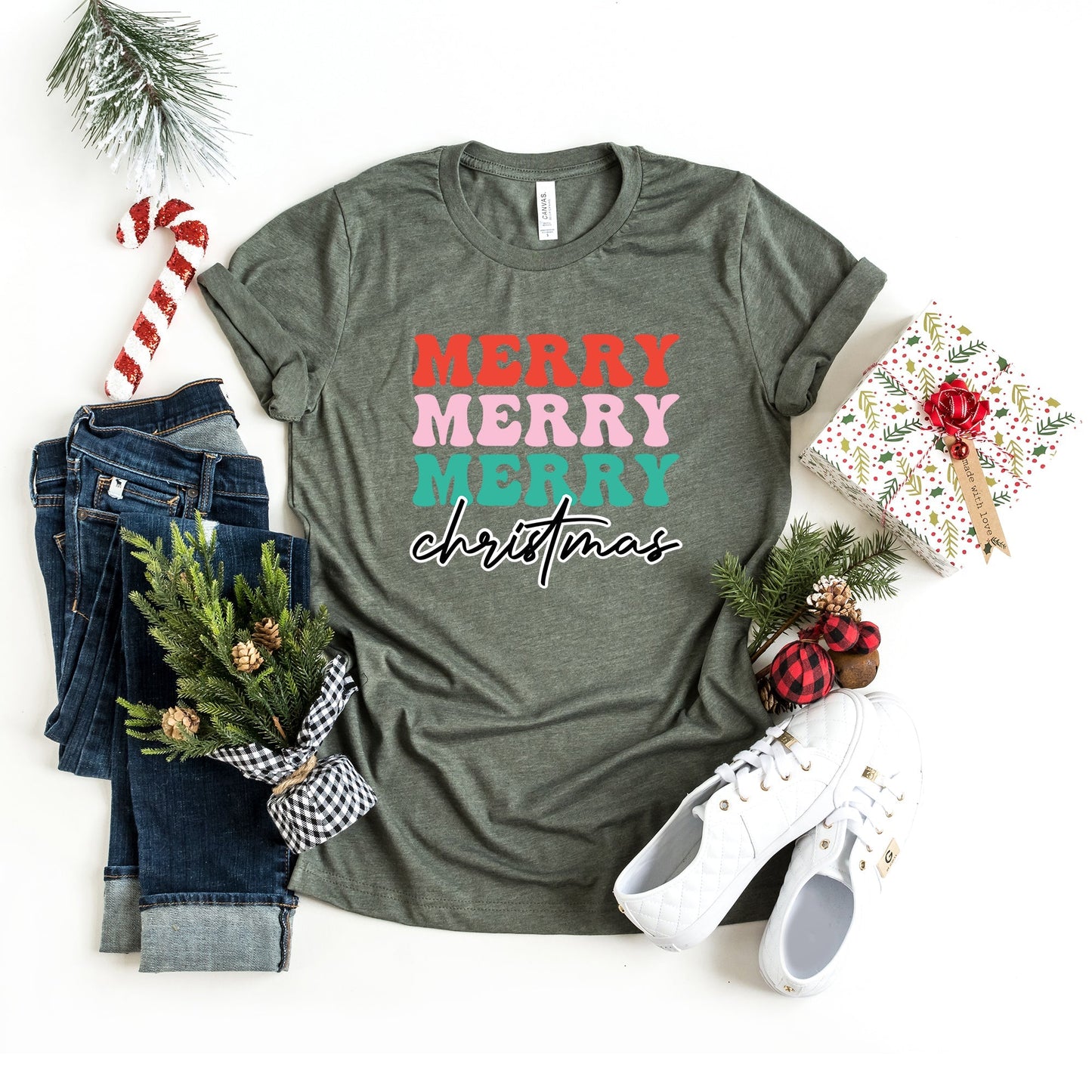 Merry Merry Merry Bold Christmas | Short Sleeve Crew Neck