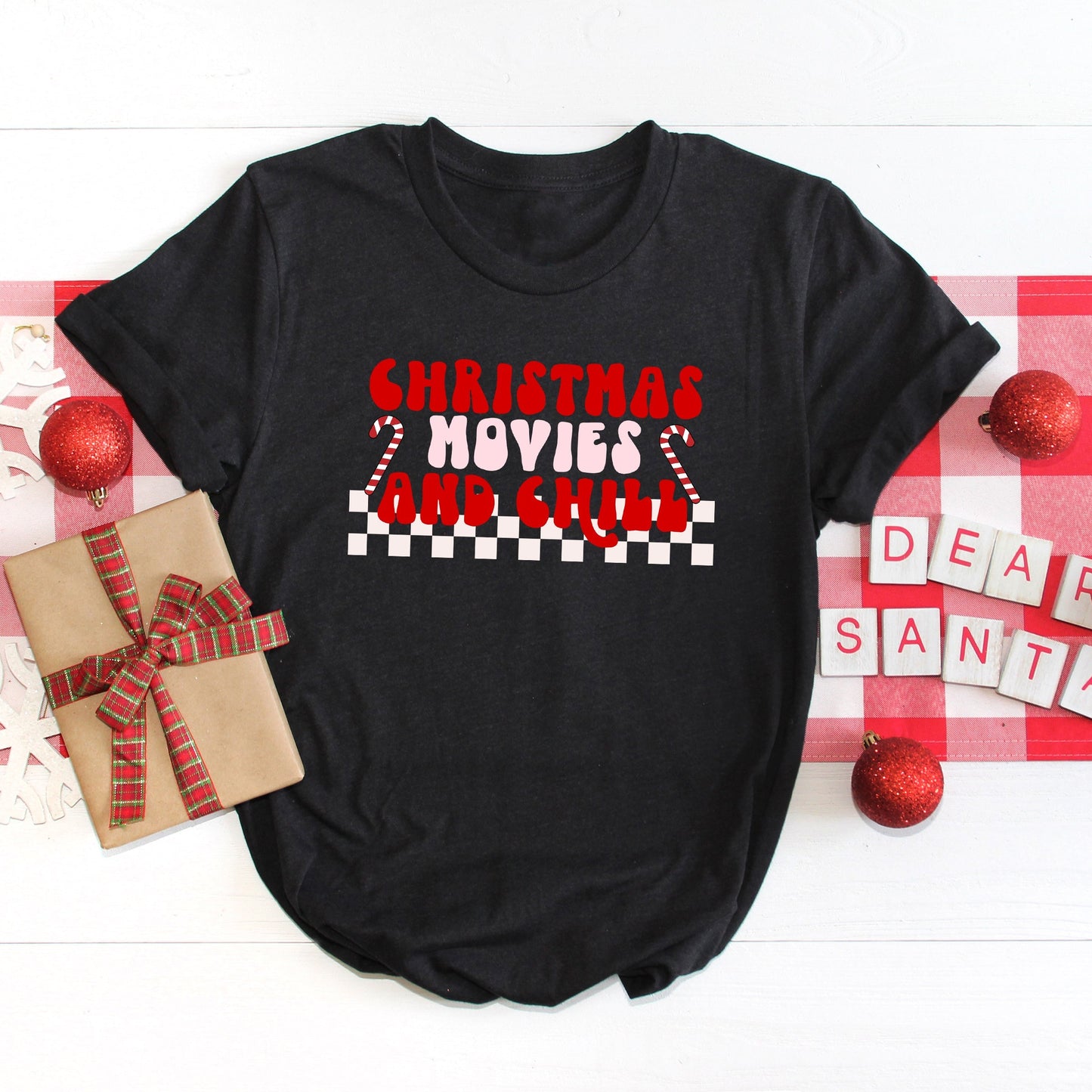 Christmas Movies And Chill Checkered | Short Sleeve Crew Neck