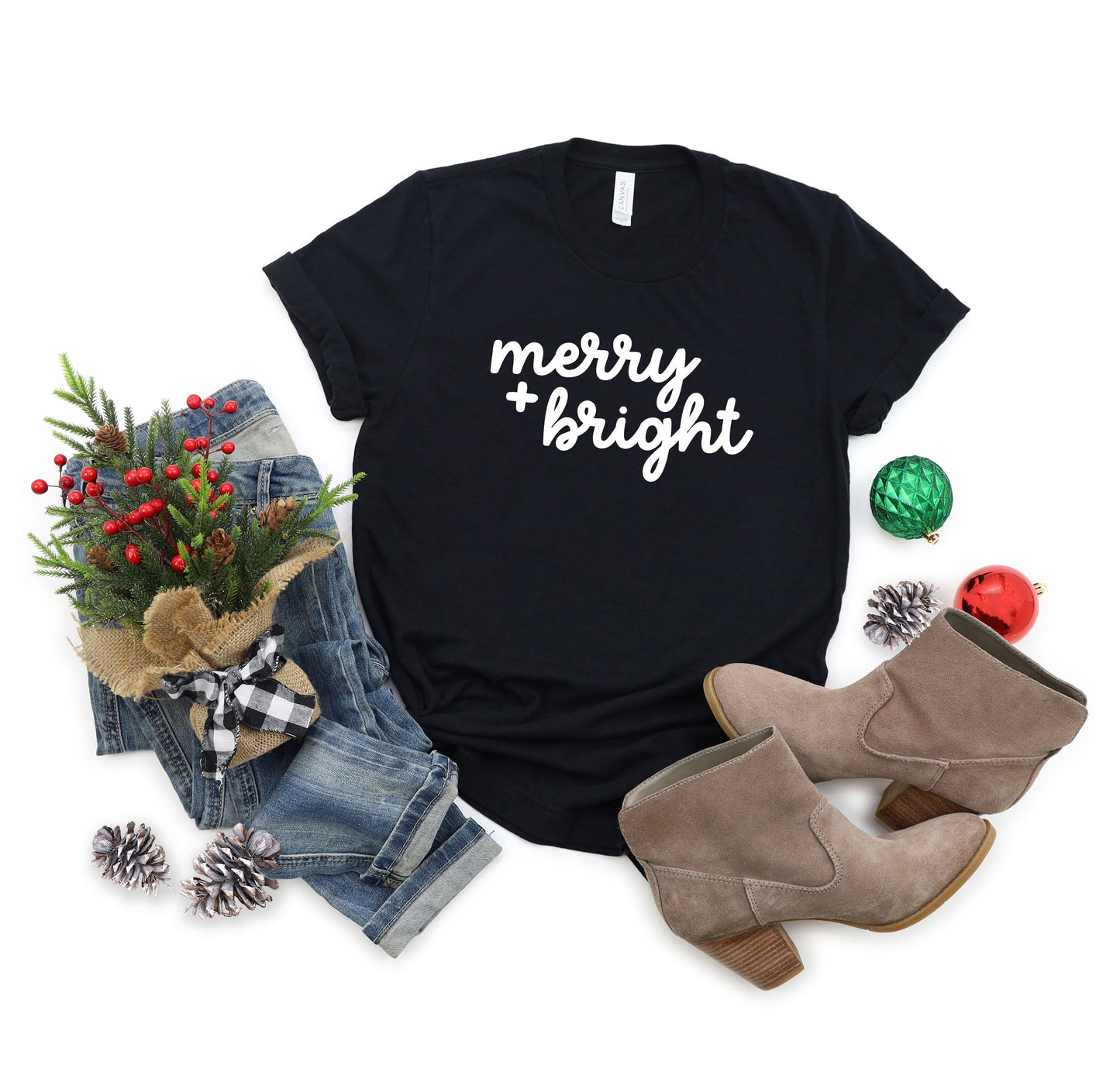 Merry And Bright Bold Cursive | Short Sleeve Crew Neck