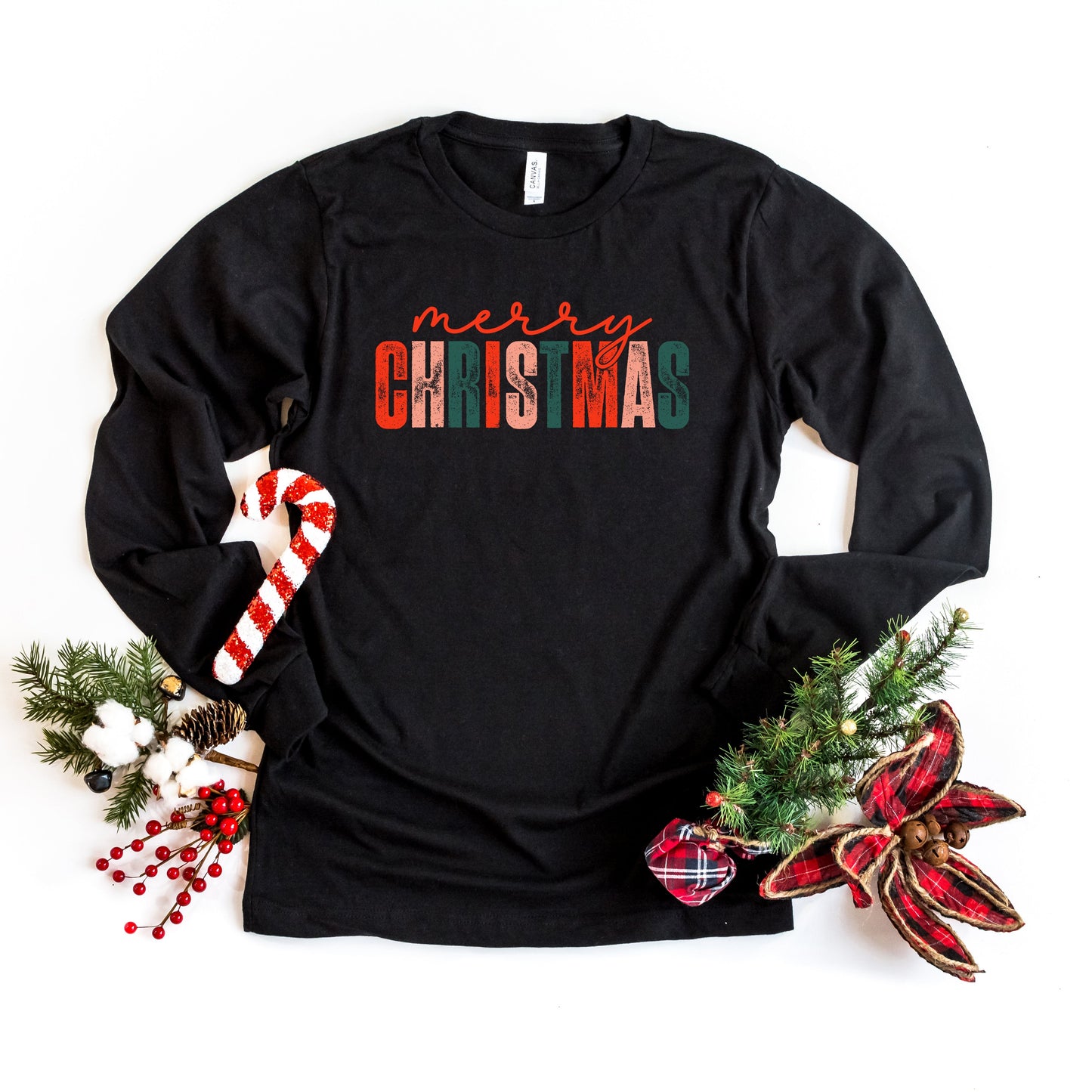 Distressed Merry Christmas | Long Sleeve Crew Neck