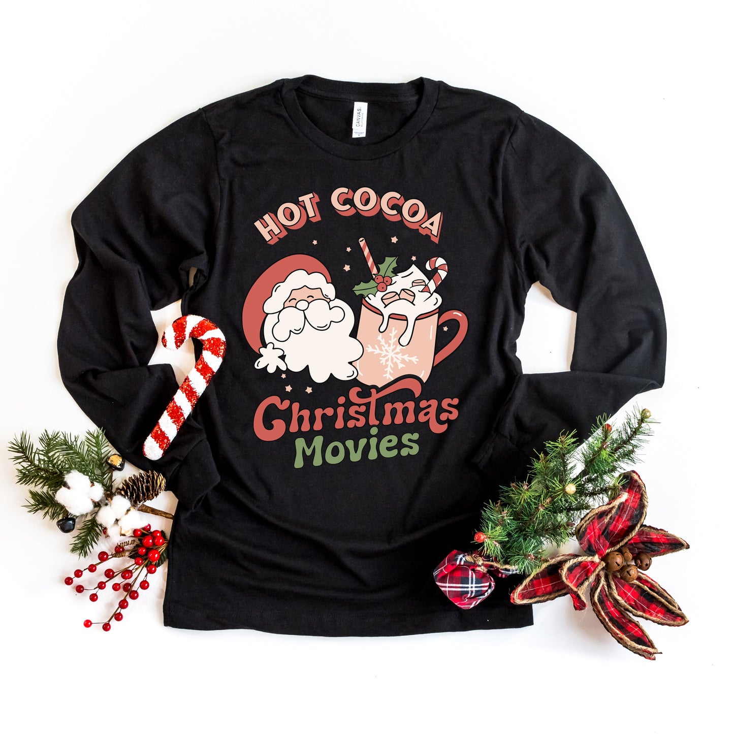 Retro Hot Cocoa And Christmas Movies | Long Sleeve Crew Neck