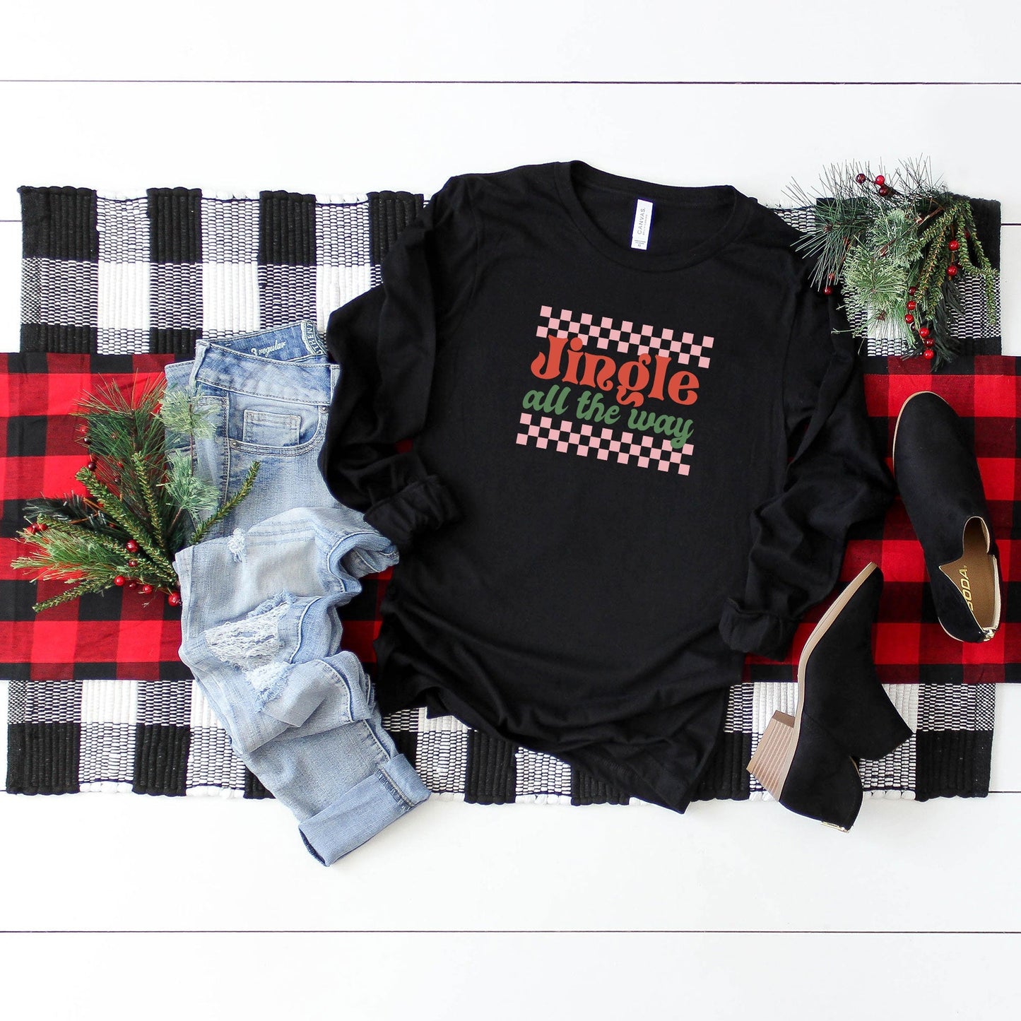 Jingle All The Way Checkered | Long Sleeve Crew Neck