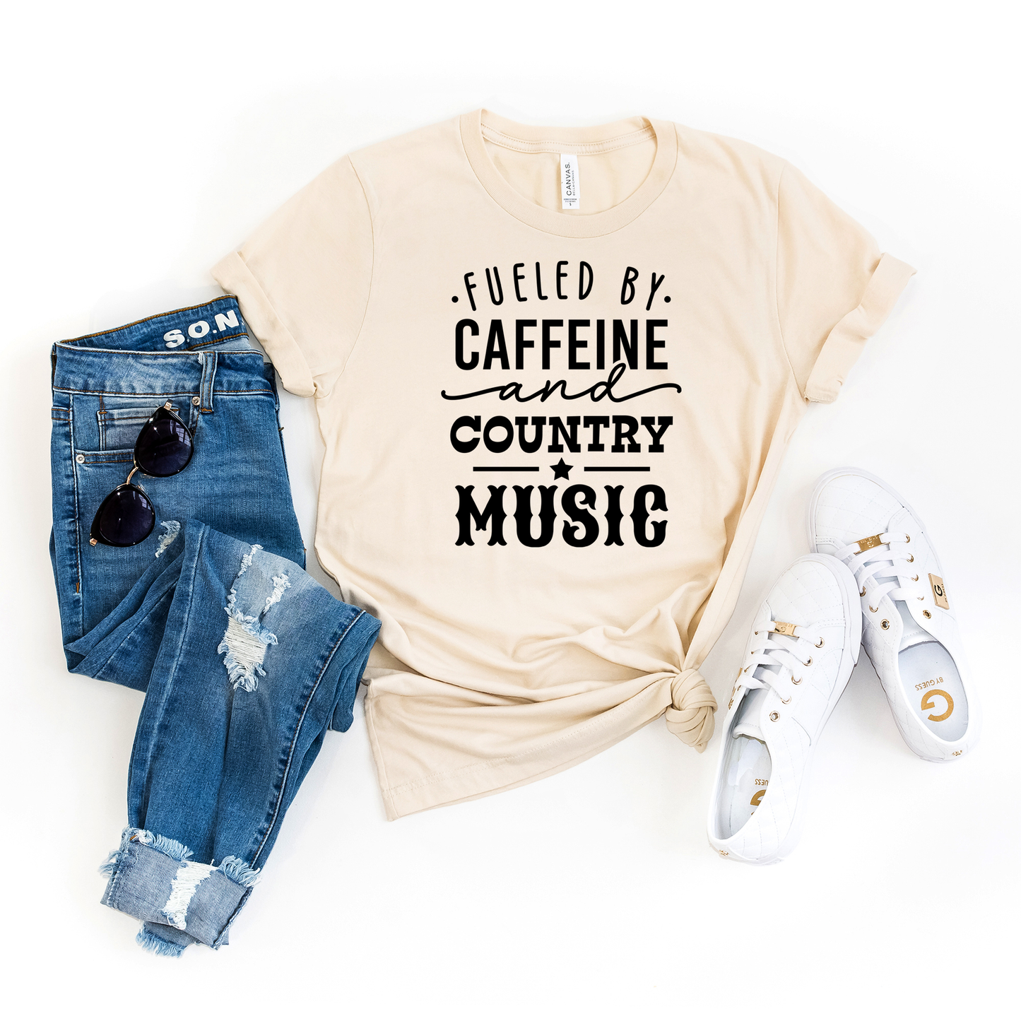 Fueled By Caffeine And Country Music | Short Sleeve Crew Neck