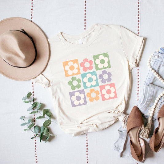 Checkered Flowers | Short Sleeve Crew Neck