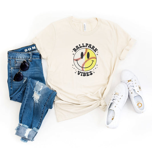 Vintage Ballpark Vibes Smiley Face | Short Sleeve Crew Neck