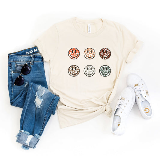 Leopard Smiley Faces Stacked | Short Sleeve Crew Neck