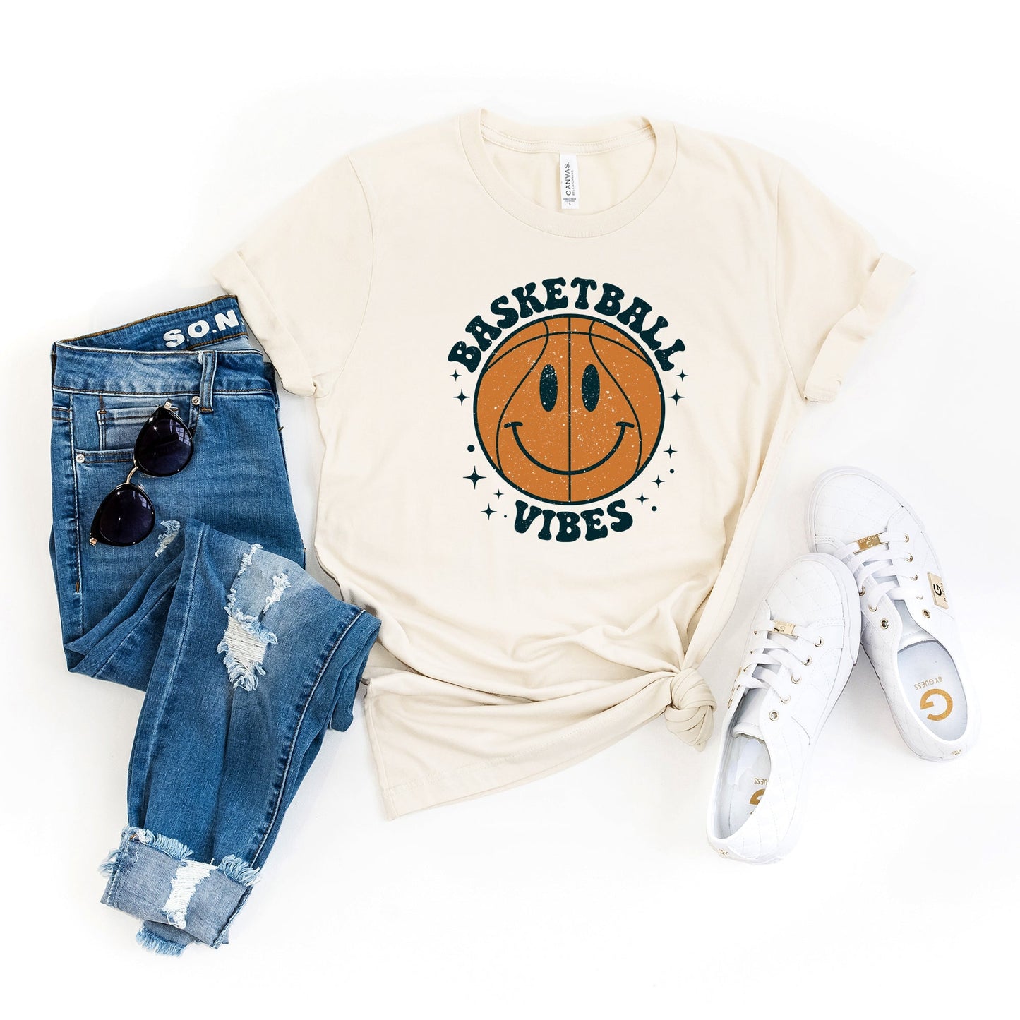 Vintage Basketball Vibes Smiley Face | Short Sleeve Crew Neck