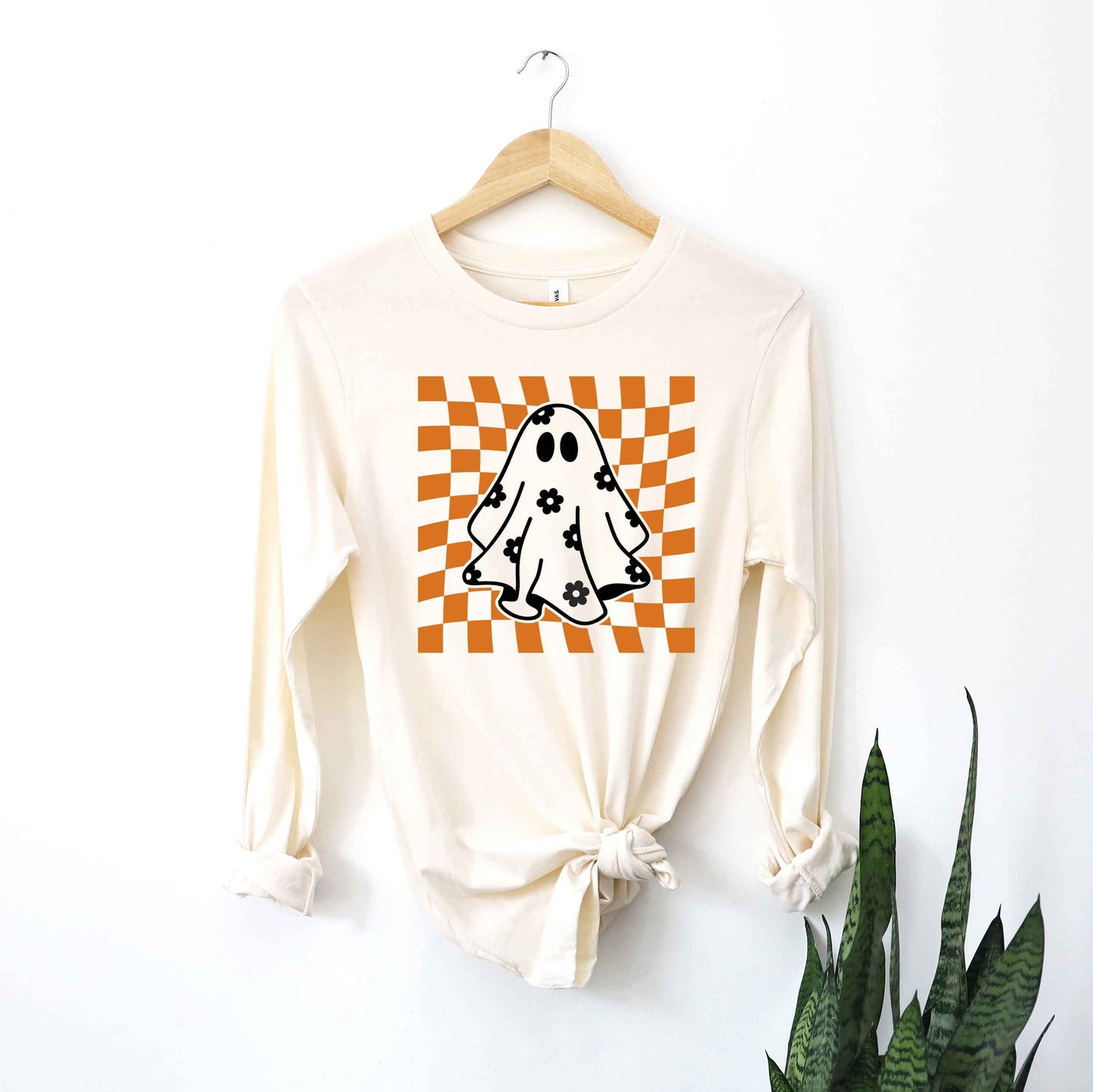 Checkered Flower Ghost | Long Sleeve Crew Neck