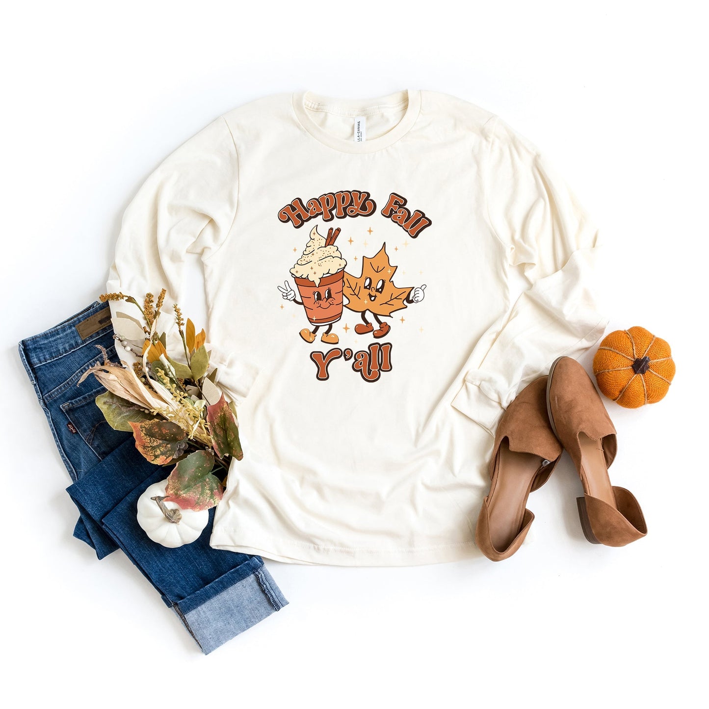 Retro Happy Fall Ya'll Leaf | Long Sleeve Crew Neck