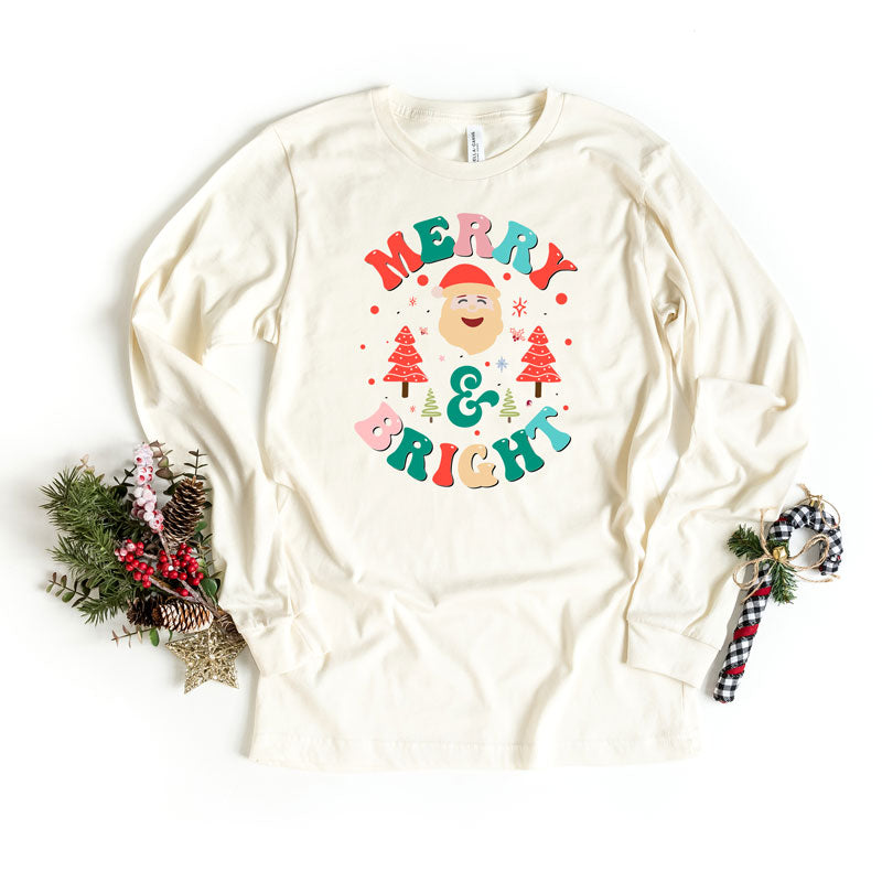 Retro Merry And Bright Santa | Long Sleeve Graphic Tee