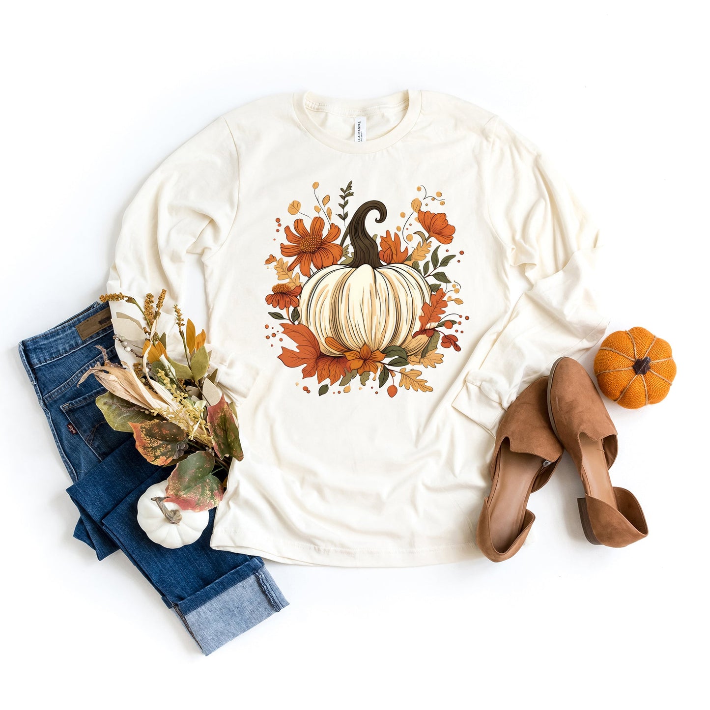 Fall Pumpkin Floral | Long Sleeve Crew Neck