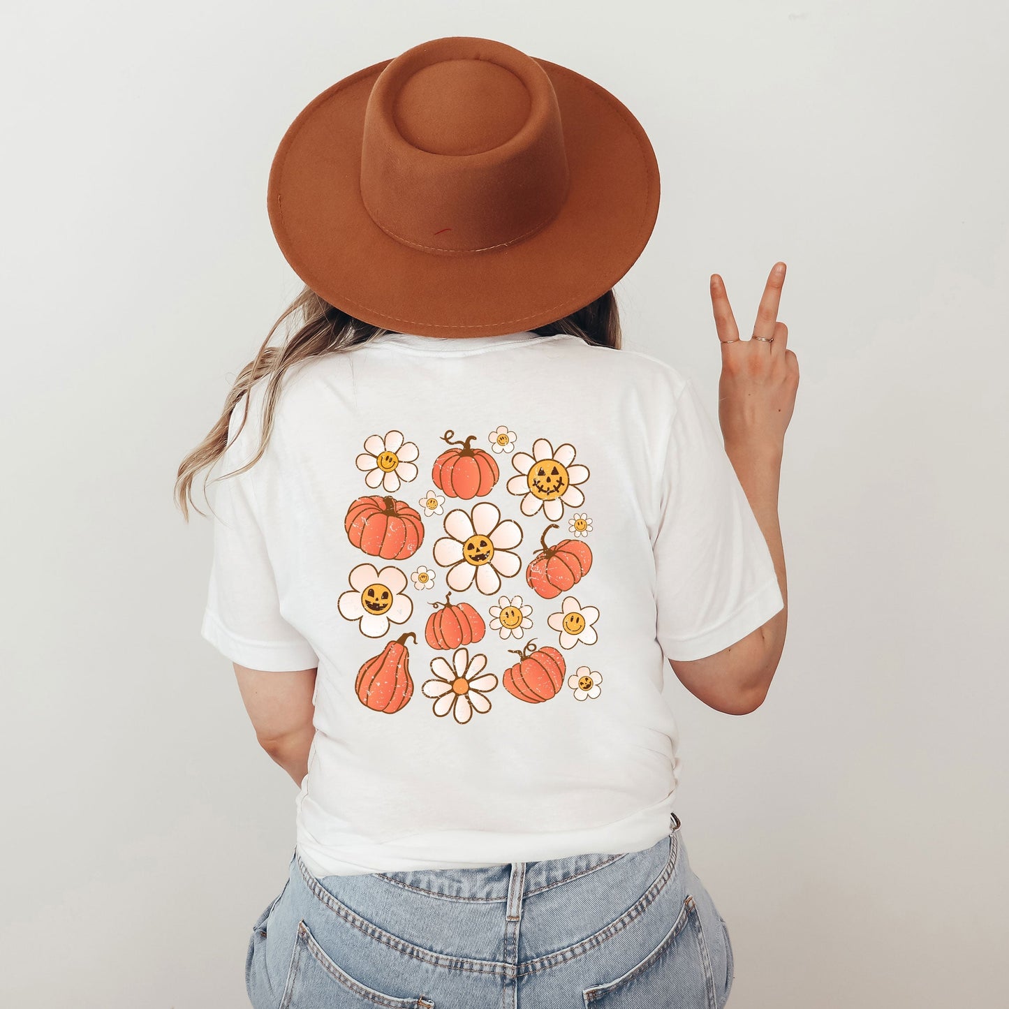 Distressed Flowers And Pumpkins | Short Sleeve Crew Neck | Front And Back Ink