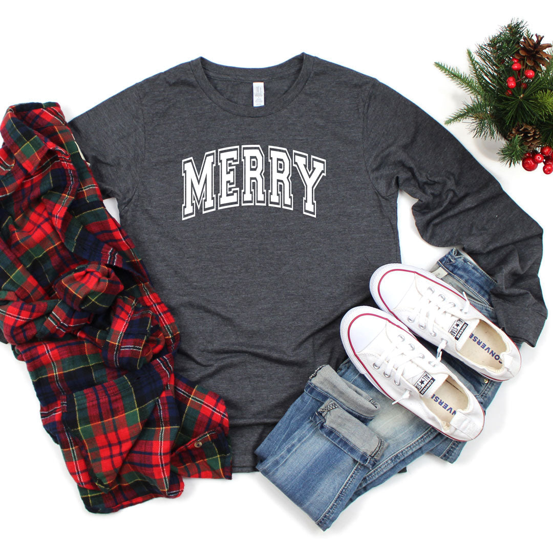 Merry Varsity Thick Outline | Long Sleeve Graphic Tee | Christmas