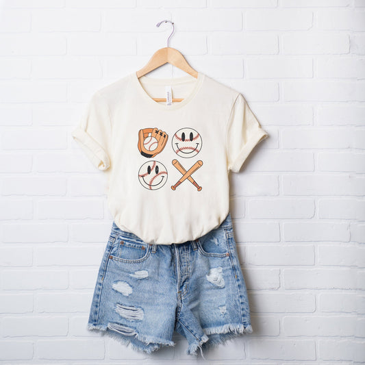Vintage Bat And Baseball Smiley Face | Short Sleeve Crew Neck