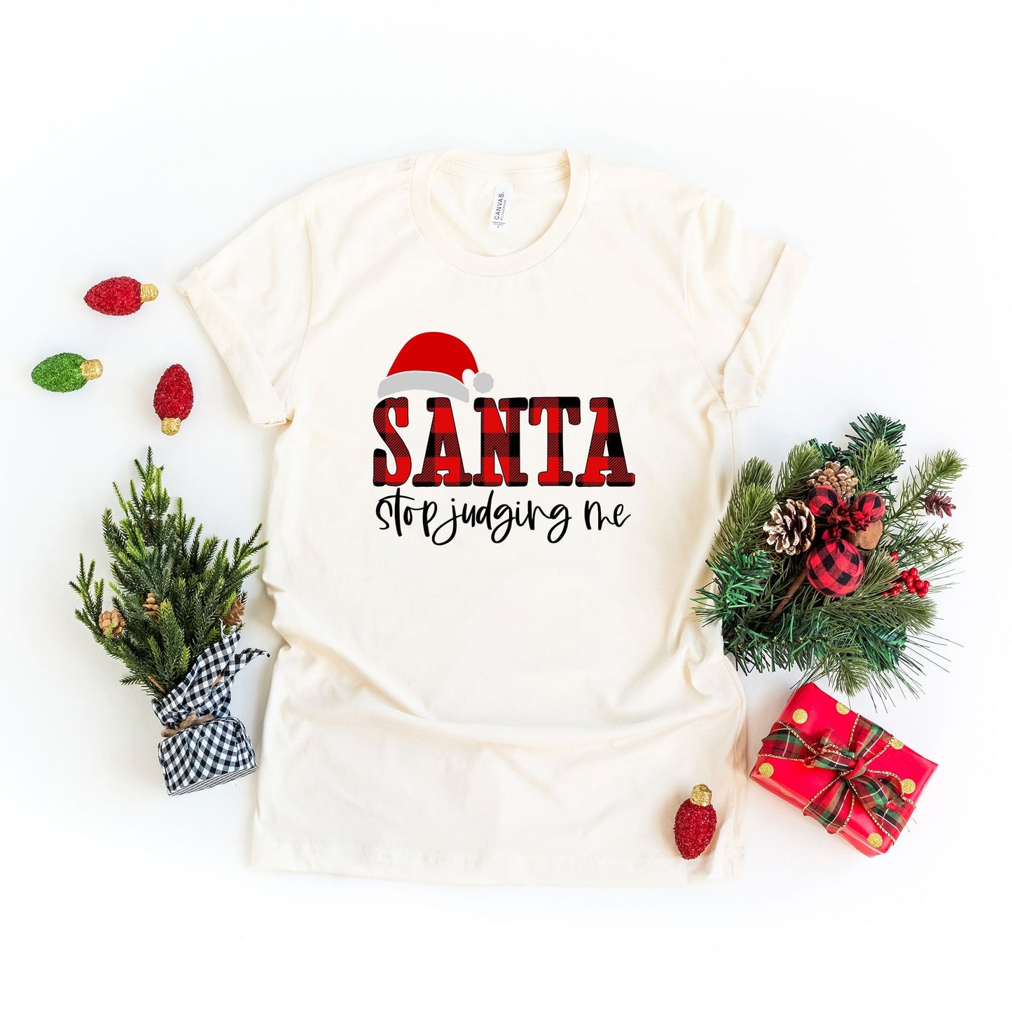 Santa Stop Judging Me Plaid | Short Sleeve Crew Neck