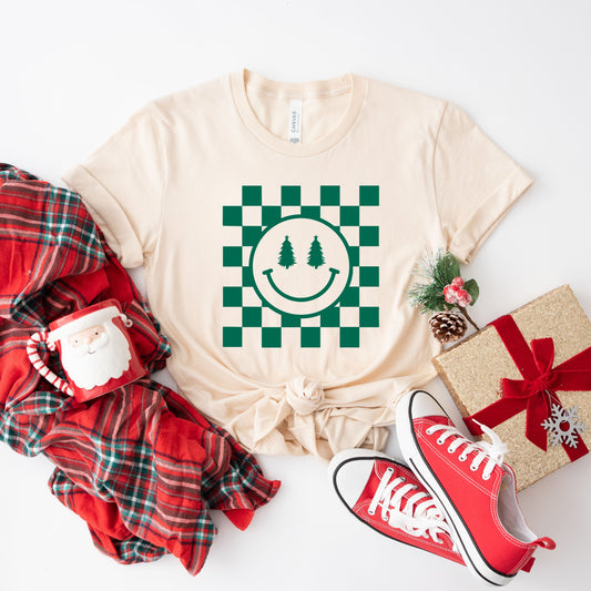 Checkered Christmas Smiley | Short Sleeve Crew Neck