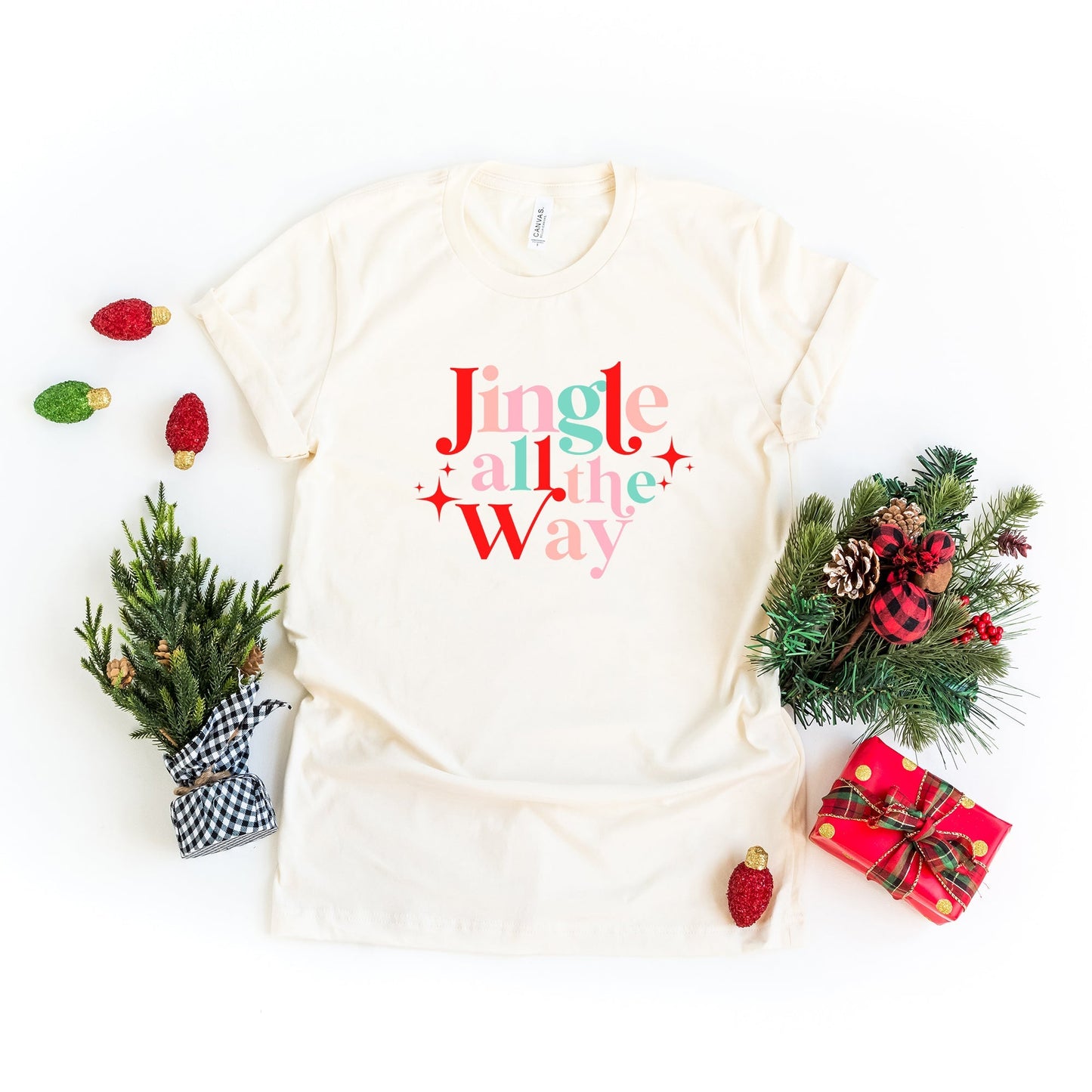 Jingle All The Way Colorful Stars | Short Sleeve Crew Neck