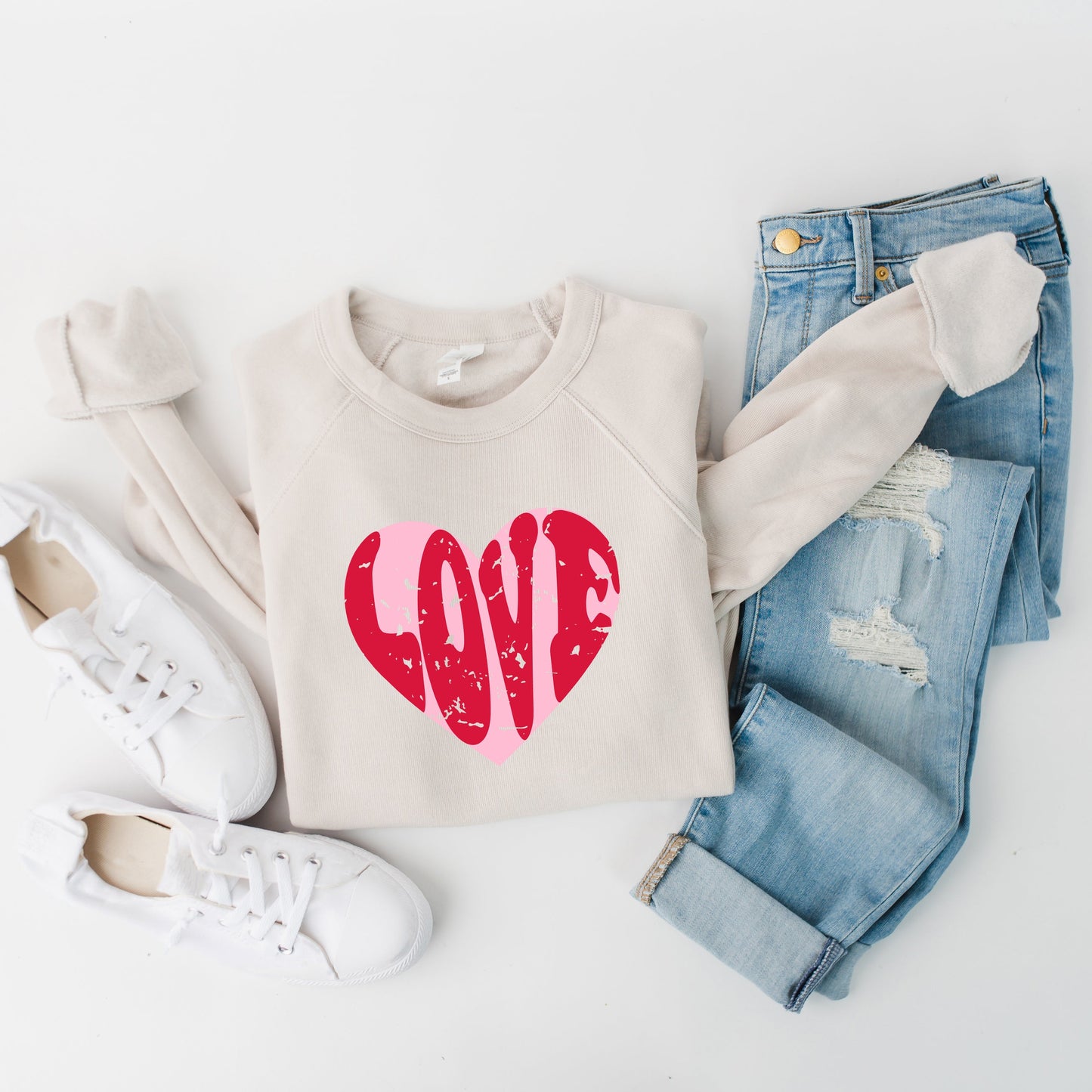 Pink Love Heart Distressed | Bella Canvas Sweatshirt