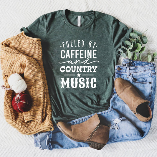 Fueled By Caffeine And Country Music | Short Sleeve Crew Neck