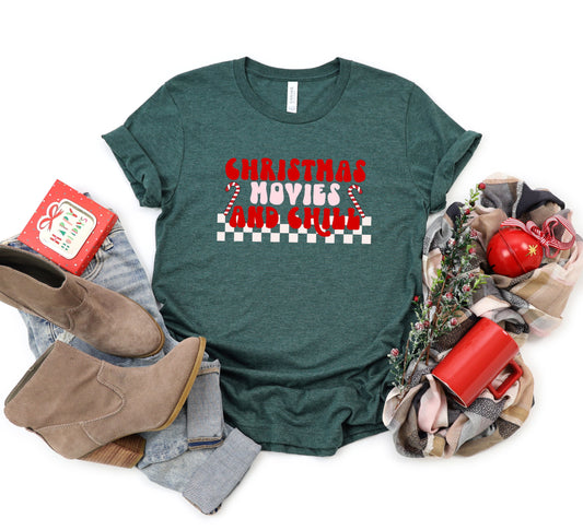 Christmas Movies And Chill Checkered | Short Sleeve Crew Neck