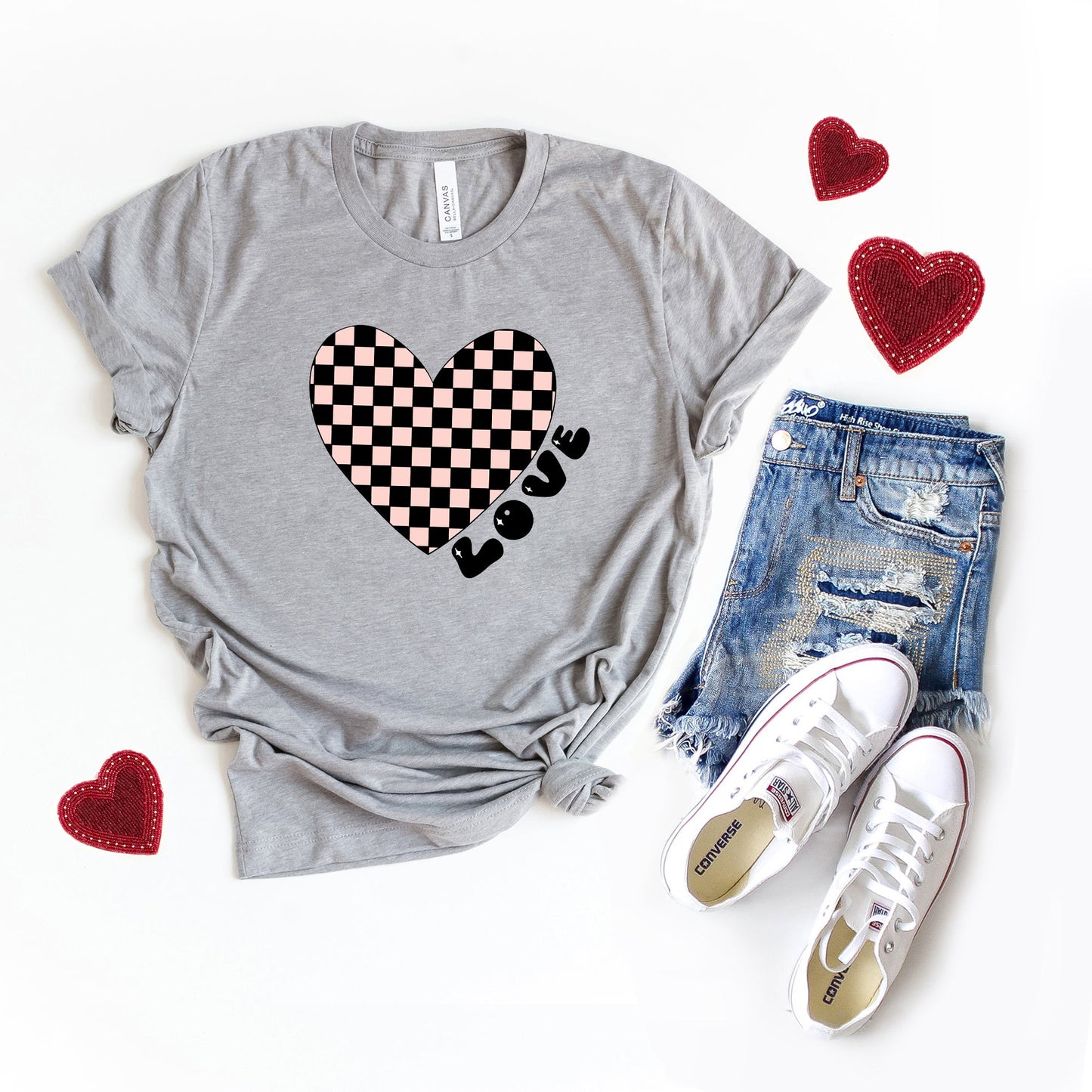 Checkered Heart Black | Short Sleeve Crew Neck