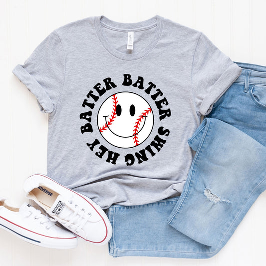 Hey Batter Batter Smiley Face | Short Sleeve Crew Neck