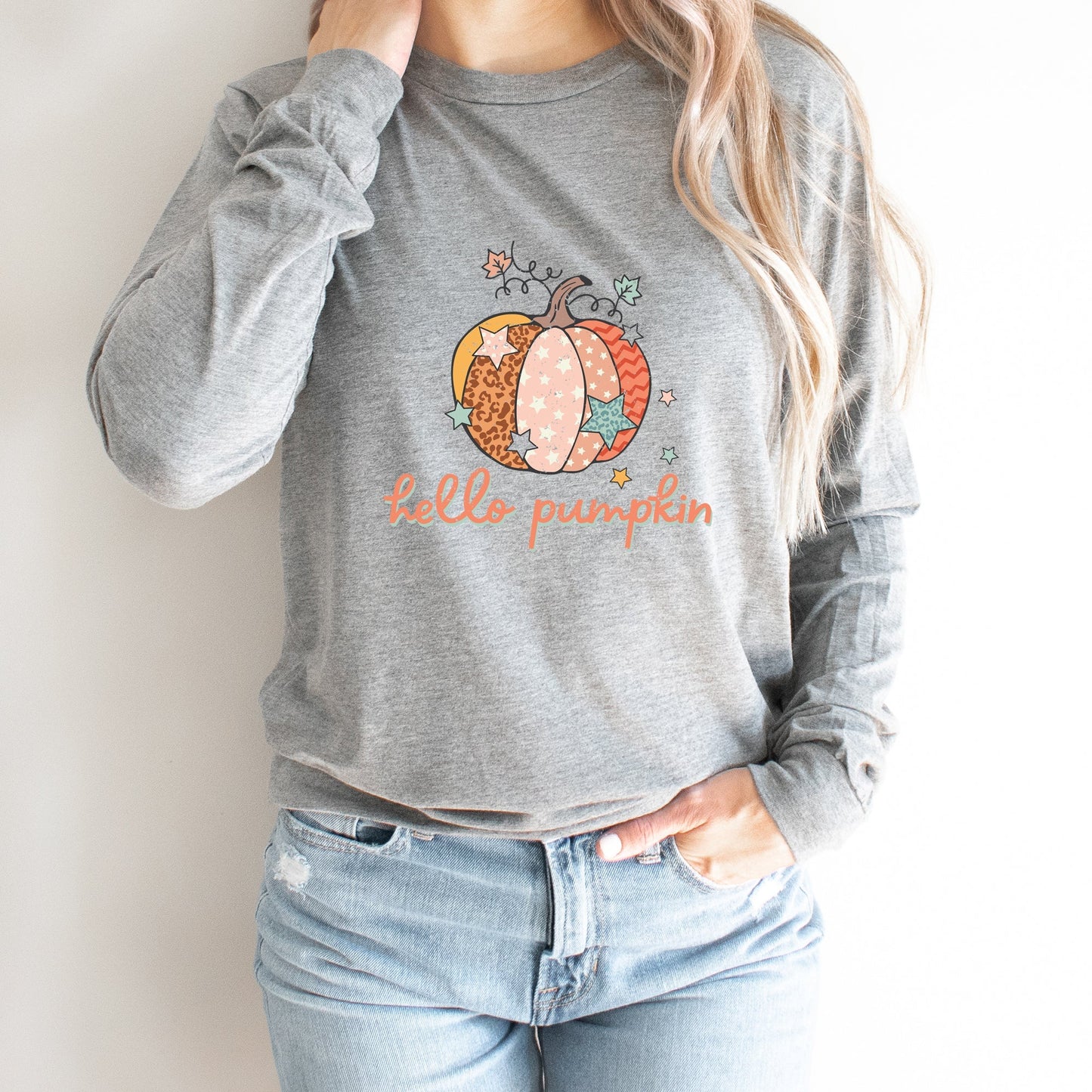 Hello Pumpkin Colorful Stars | Long Sleeve Crew Neck