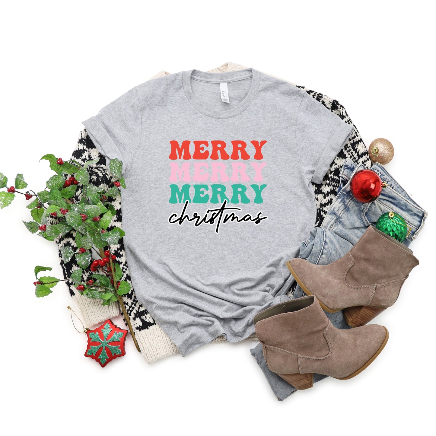 Merry Merry Merry Bold Christmas | Short Sleeve Crew Neck