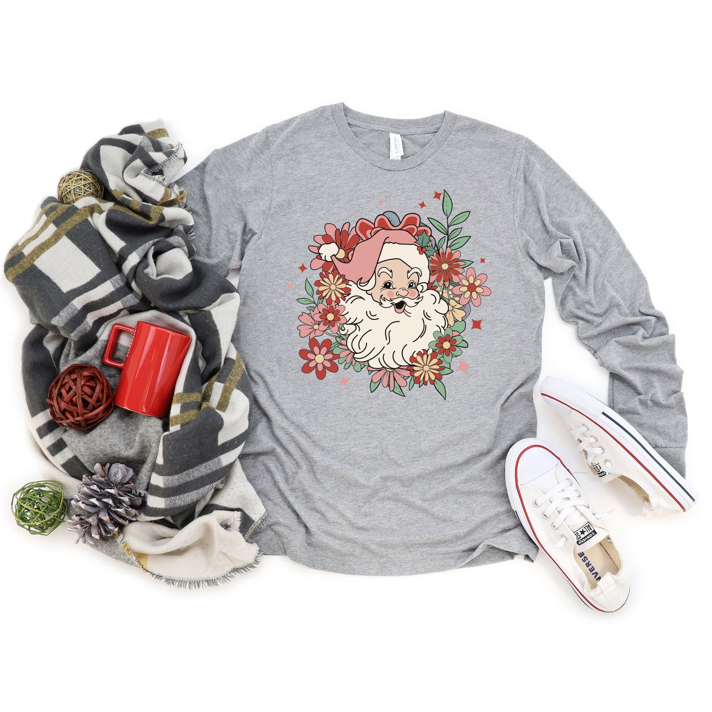 Floral Santa | Long Sleeve Crew Neck