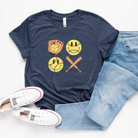 Vintage Bat And Softball Vibes Smiley Face | Short Sleeve Crew Neck