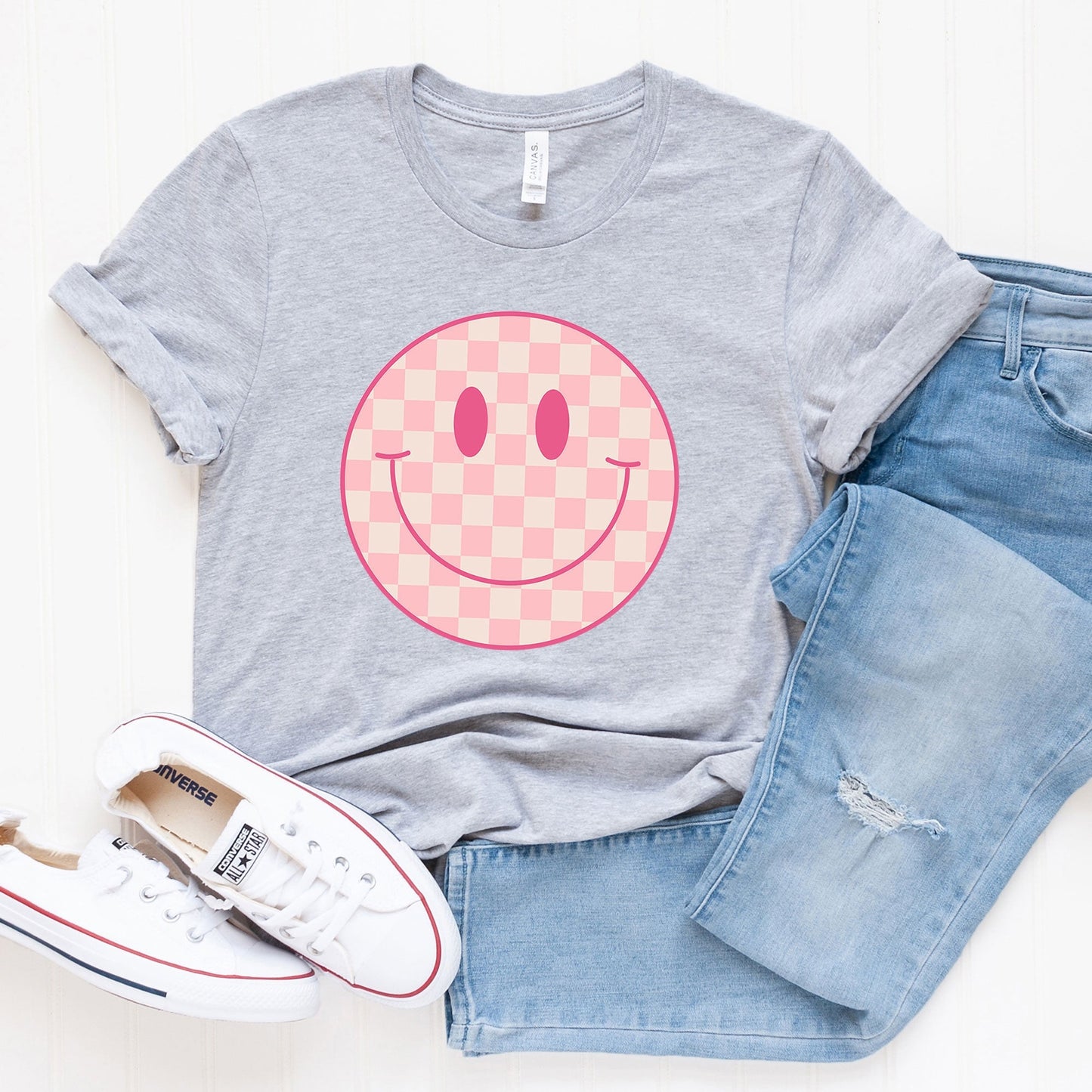Pink Checker Smiley Face | Short Sleeve Crew Neck