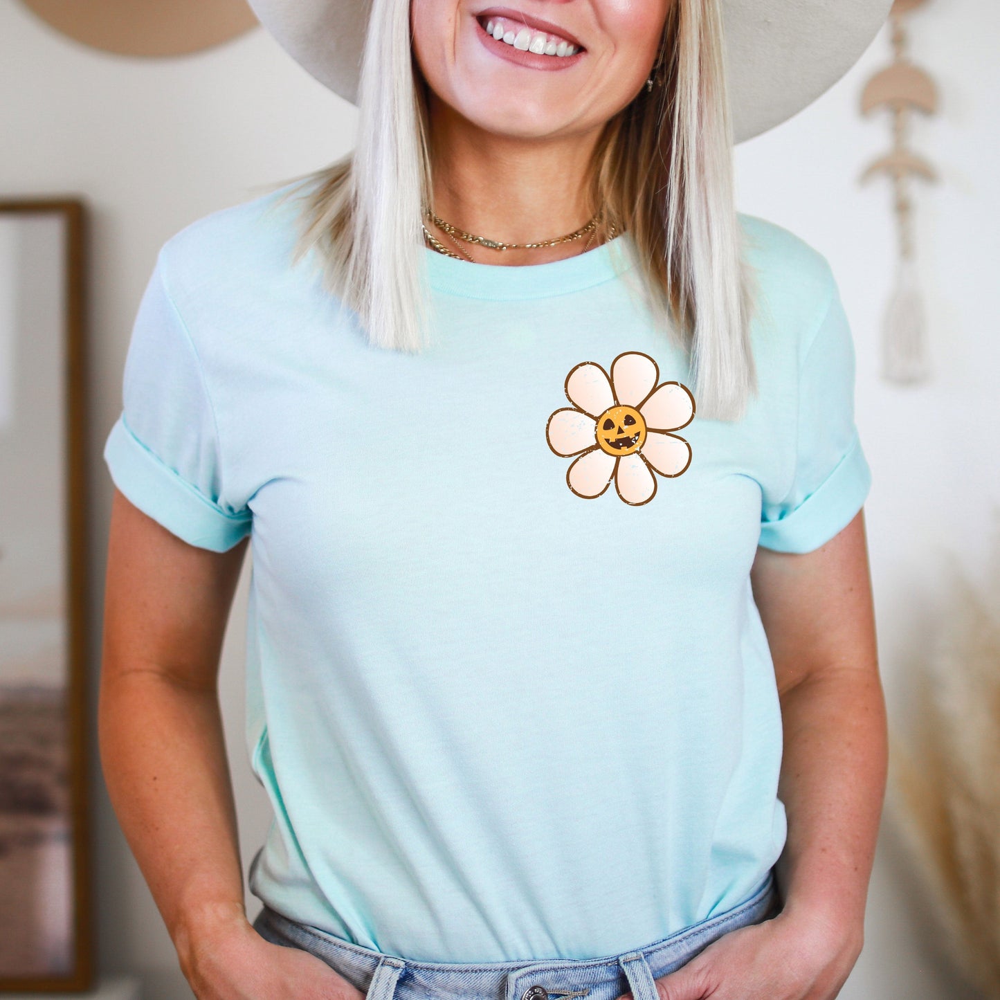 Distressed Flowers And Pumpkins | Short Sleeve Crew Neck | Front And Back Ink