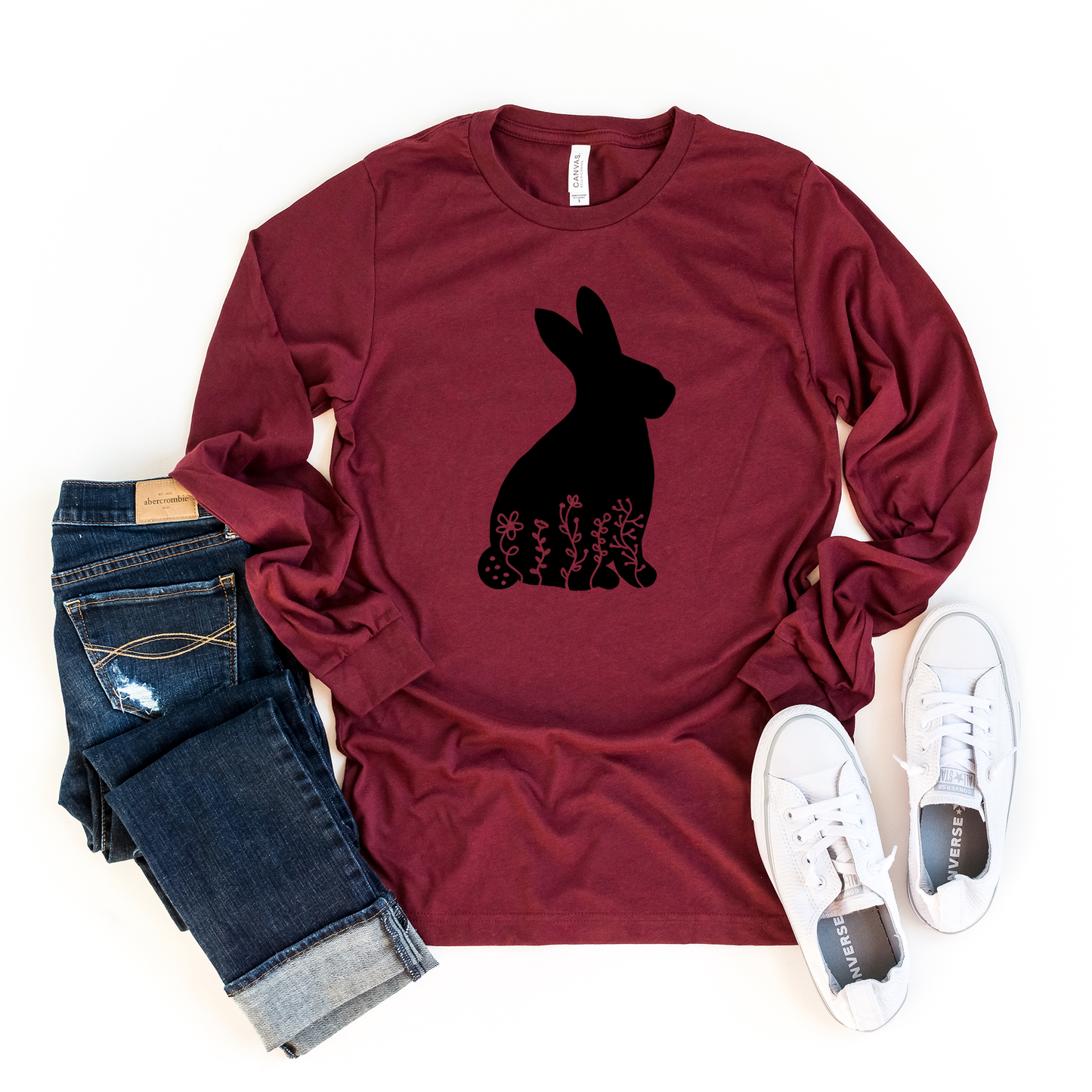 Bunny With Flowers | Long Sleeve Crew Neck