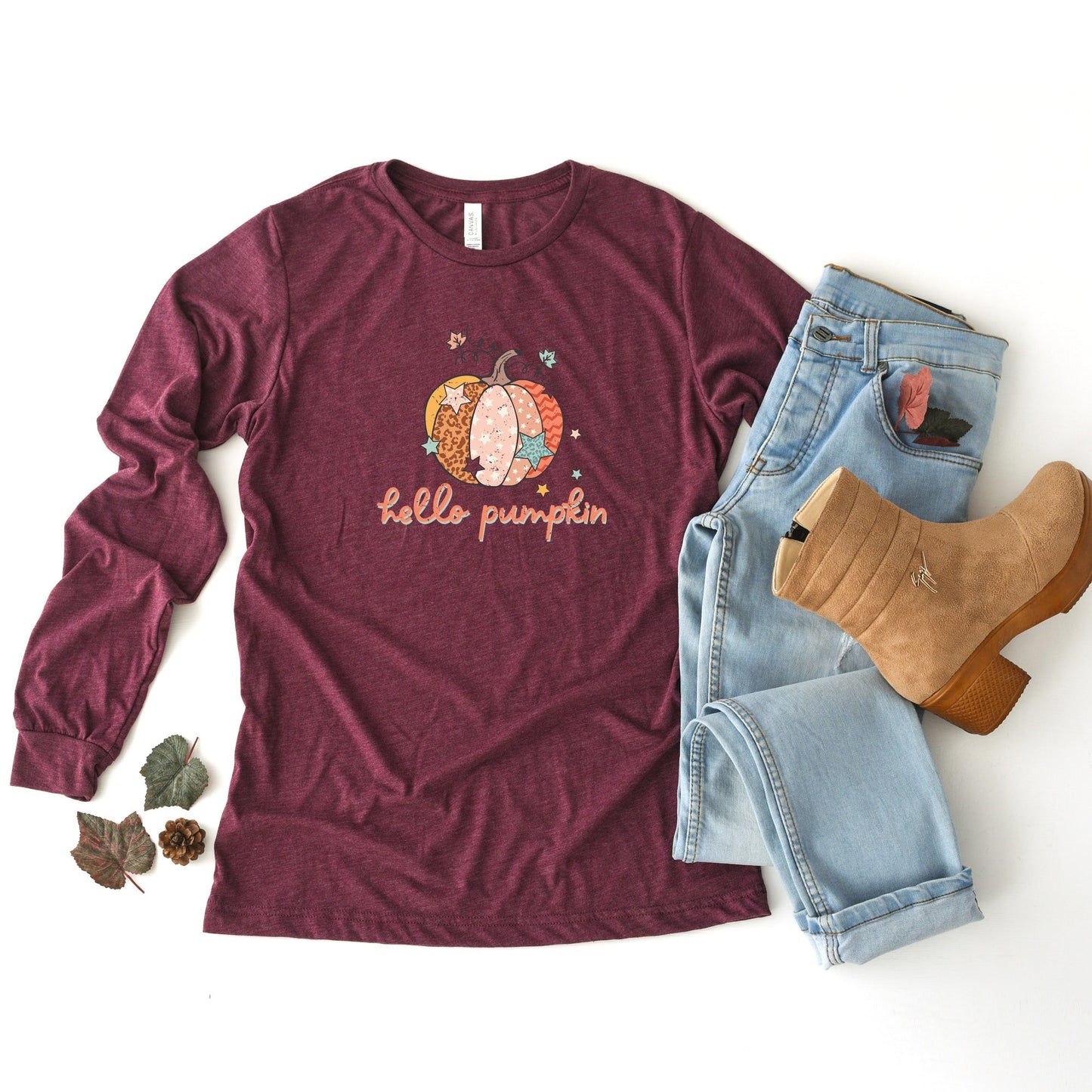 Hello Pumpkin Colorful Stars | Long Sleeve Crew Neck