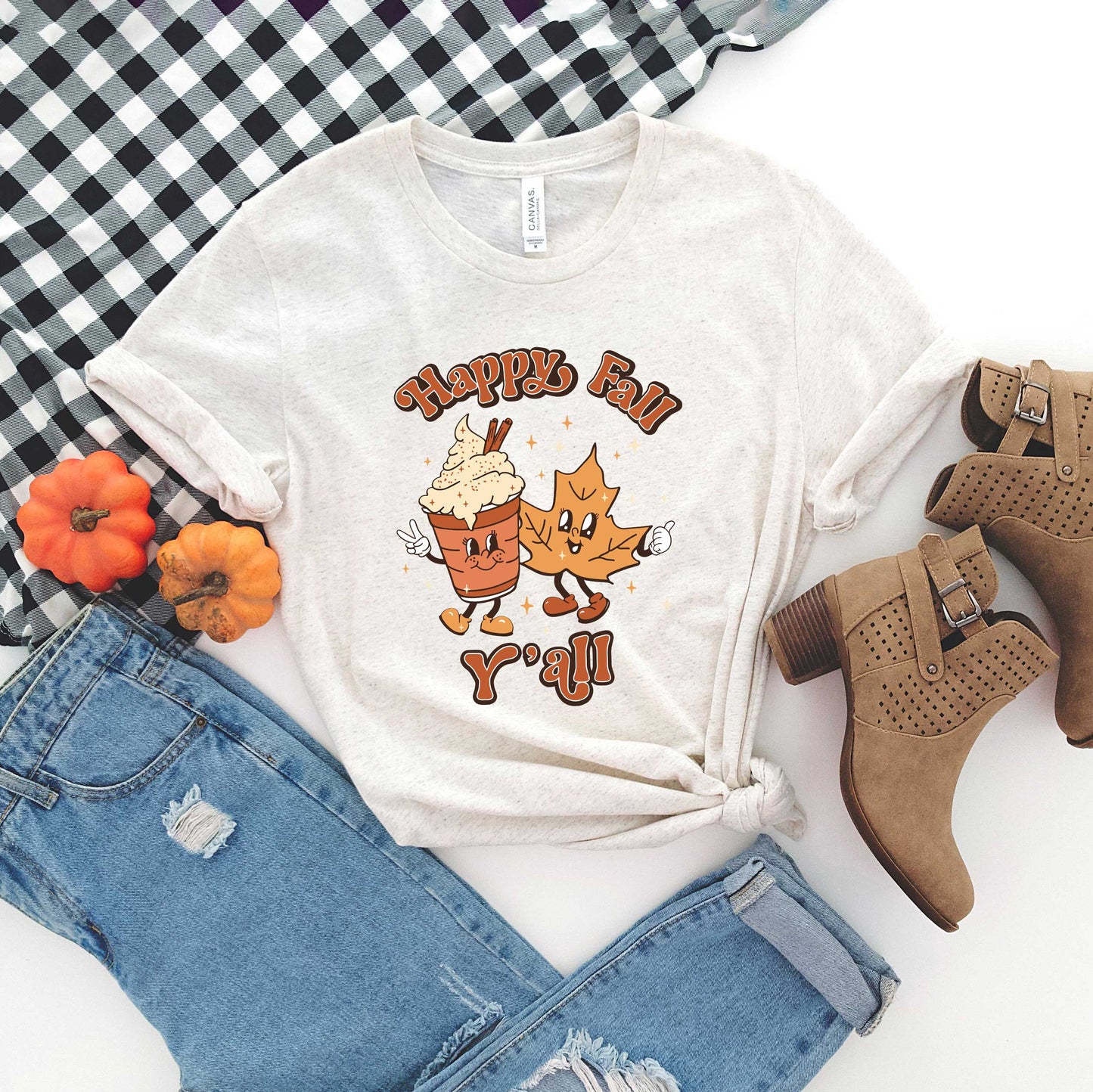 Retro Happy Fall Y'all Leaf | Short Sleeve Crew Neck