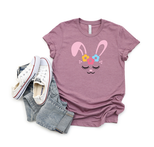 Bunny Face With Flowers | Short Sleeve Crew Neck