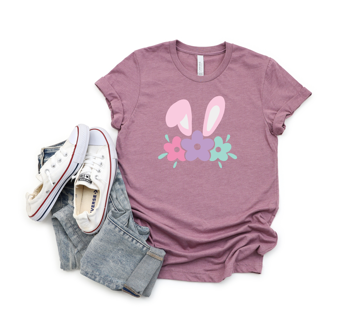 Bunny Ears With Flowers | Short Sleeve Crew Neck