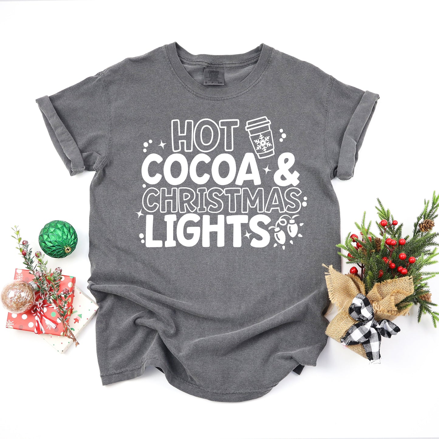 Hot Cocoa an Christmas Lights | Garment Dyed Tee