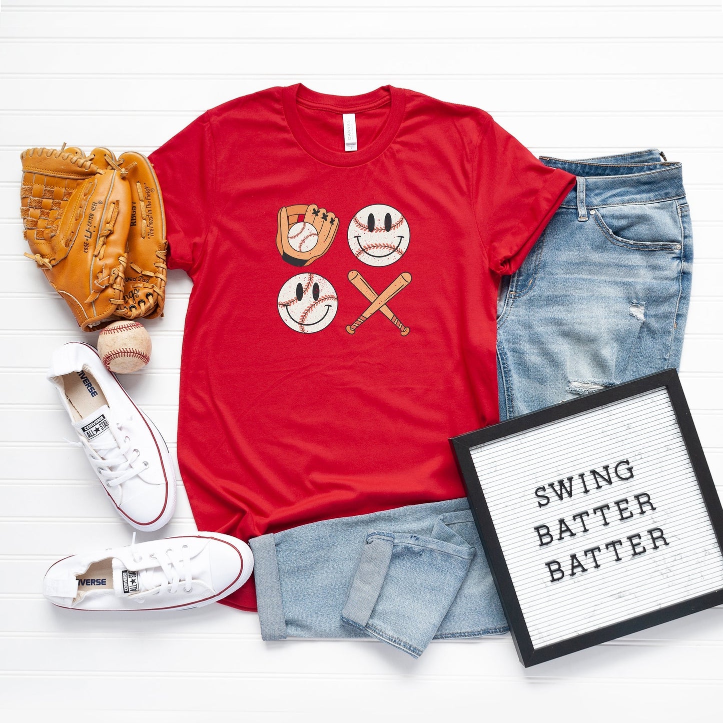 Vintage Bat And Baseball Smiley Face | Short Sleeve Crew Neck