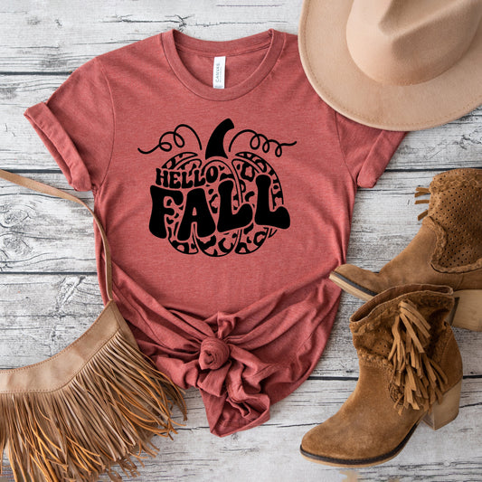 Hello Fall Leopard Pumpkin | Short Sleeve Crew Neck