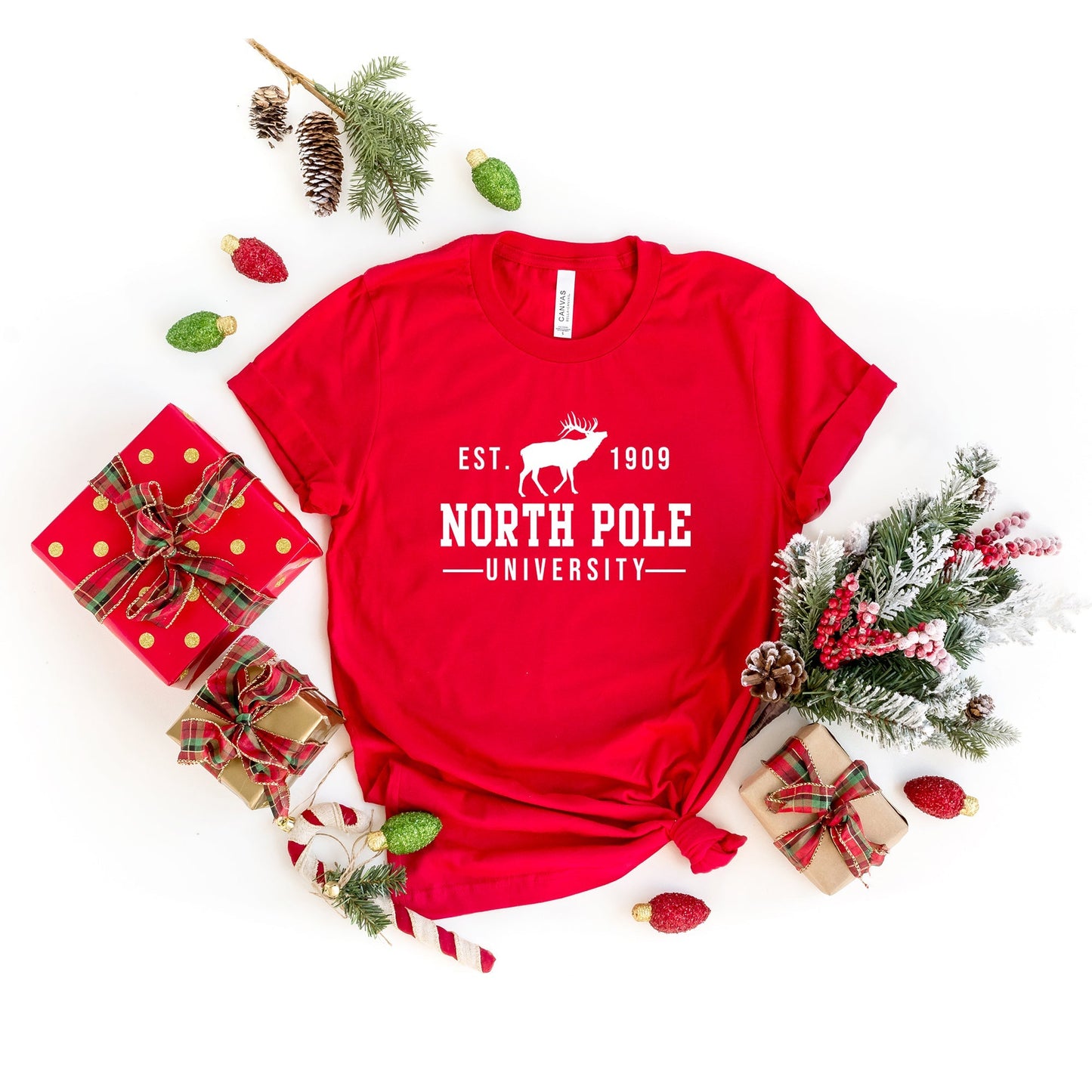 North Pole University With Reindeer | Short Sleeve Crew Neck