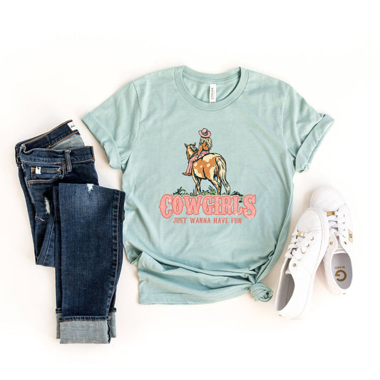Retro Cowgirls Just Wanna Have Fun | Short Sleeve Crew Neck
